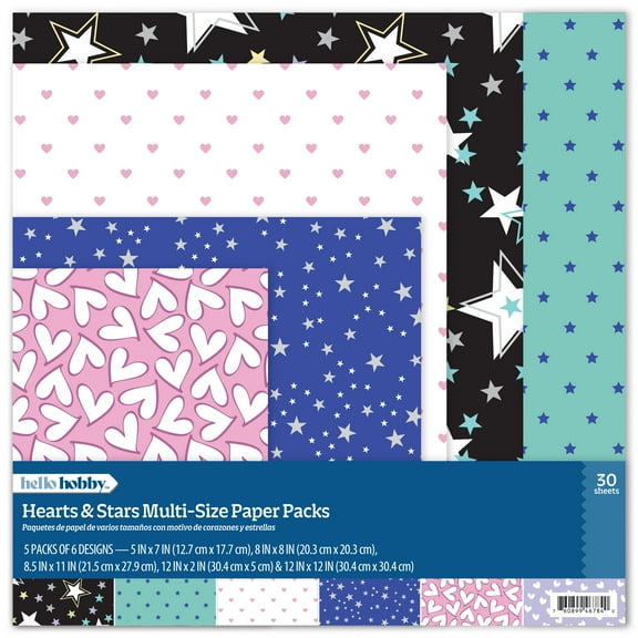 Hello Hobby Hearts & Stars Multi-Size Paper Pack for Scrapbooking and Crafting