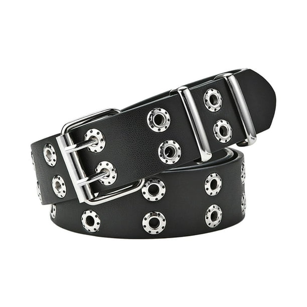 Cinturón de cuero Unisex con hebilla doble ojal negro Sunnimix