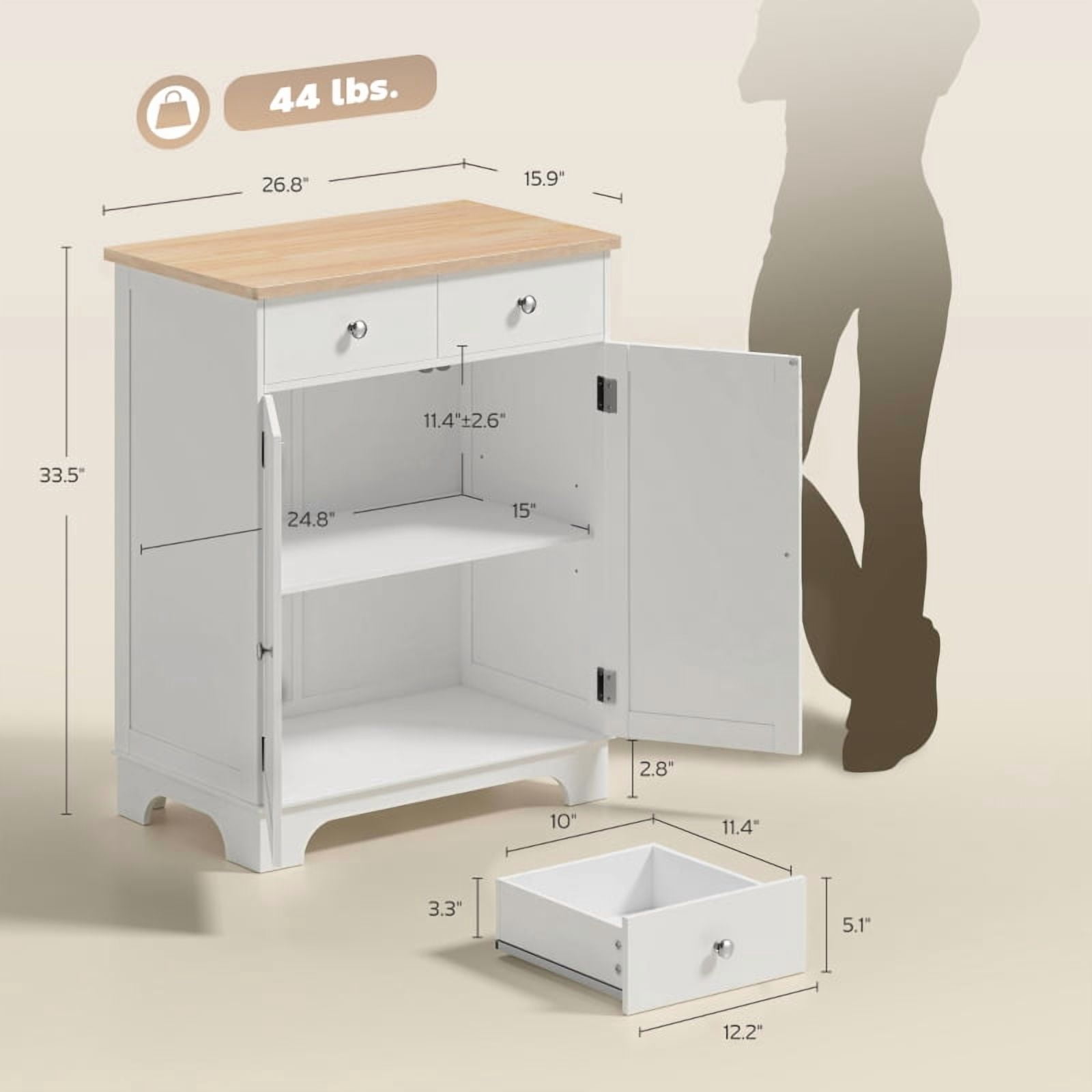 Alvantor Kitchen Floor Storage Cabinet with Solid Wood Top, Adjustable Shelf & 2 Drawers 26.8"x15.9"x33.5" White