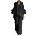 thumbnail image 2 of BRELIL Women Plus Size Two Piece Set V Neck Ruffle Sleeve Shirt Wide Leg Pants Casual Summer Loungewear Solid Boho Vacation Outfits Tracksuit Loose 2 Piece, Black 4XL, 2 of 5
