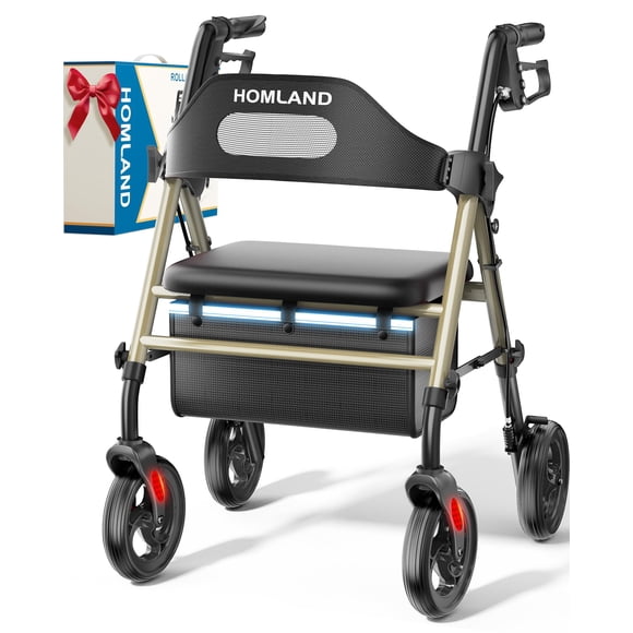 Andador plegable HOMLAND con asiento para personas mayores, ruedas grandes de 8", capacidad de peso de 350 lb, asas y altura del asiento ajustables, andador ligero con ruedas, dorado