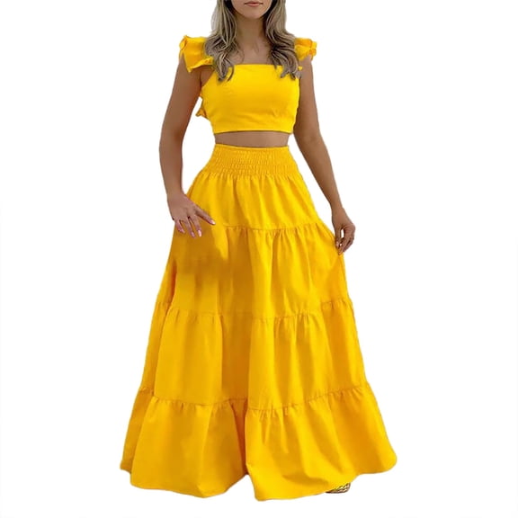DHFJKG Women's 2 Piece Outfits Summer Maxi Skirt Sets Sleeveless Square Neck Slim Fit Crop Top High Rise Long Skirts Matching Set Stylish Outfit