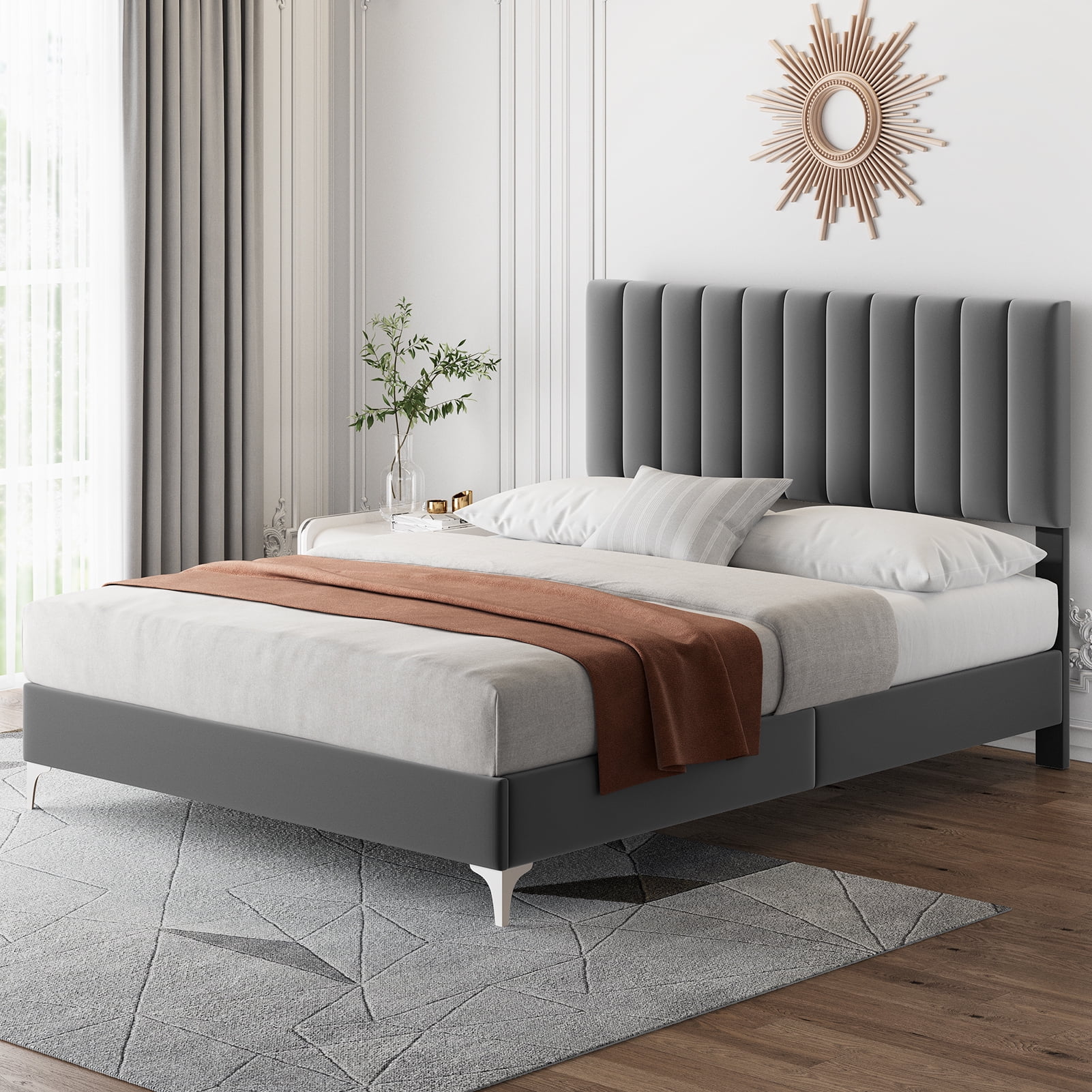 Eastvita Modern Velvet Upholstered Queen Bed Frame with Headboard - 11 Inch Platform Bed Frame, Grey, No Box Spring Needed
