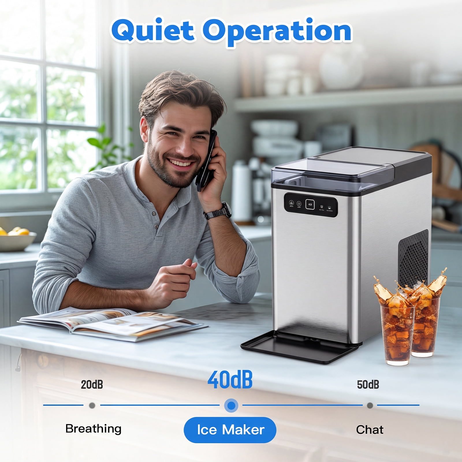 Advwin Nugget Ice Maker Countertop, 40lbs/Day Pellet Ice Machine, Self-Cleaning Portable Ice Maker with Ice Scoop & Basket, Stainless Steel, Ideal for Home, Kitchen, Office