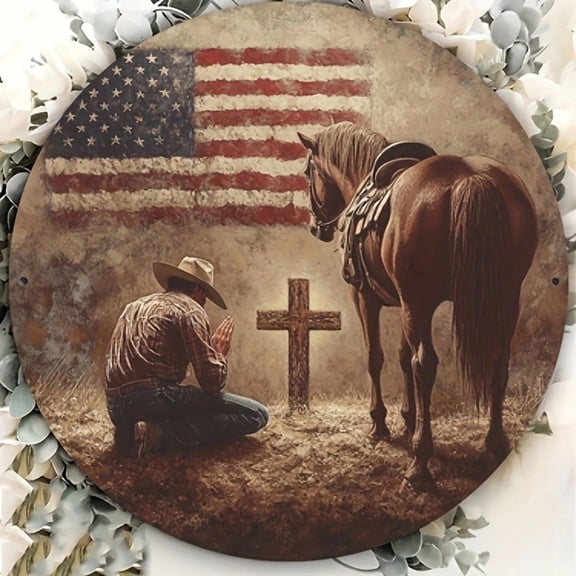 HELLOYOUNG Vintage Cowboy Cross Round Metal Wall Art 8 Inch Rustic Aluminum Sign Western Decor for Home Kitchen Garden Office