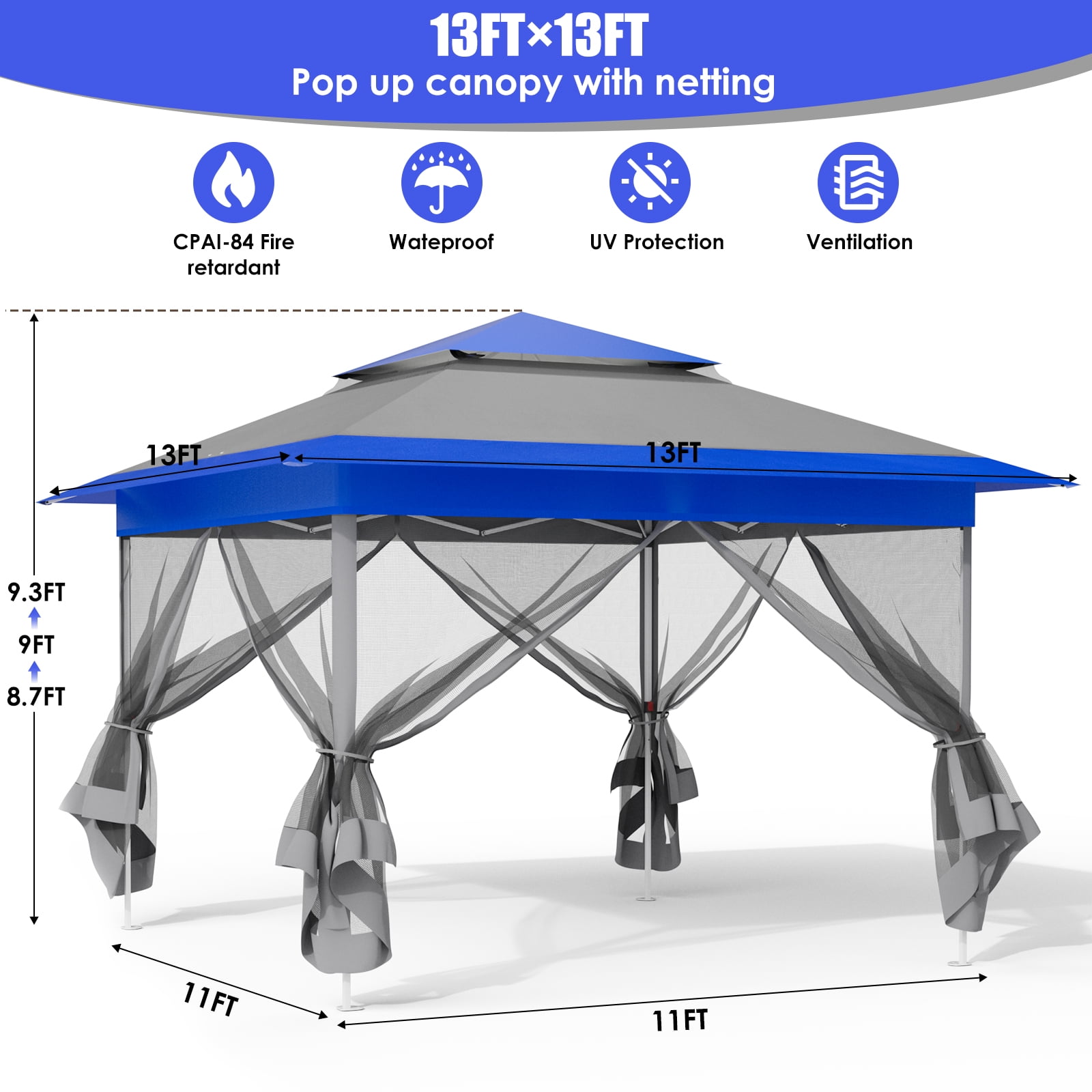 Arlopu 13' x 13' Pop up Gazebo Tent Outdoor Instant Canopy Tent Easy Set-up Folding Shelter with Netting