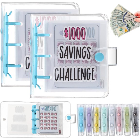 1000 Money Saving Challenge with 25 Binder Mini Money Savings Challenge Book with Envelopes Budget Saving Cash for Budgeting Planner Teacher Graduation Gift Kid Home School Favor(2 Pcs, Blue)