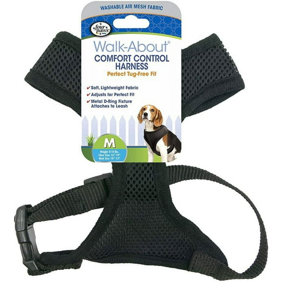 Four Paws Comfort Control Harness - Black [Dog, Harnesses Nylon Standard] Medium - For Dogs 7-10 lbs (16"-19" Chest & 10"-13" Neck)