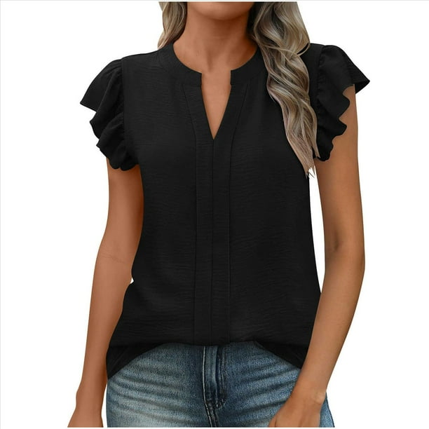 Camiseta de Corta con Cuello en V y Estampado de Hojas de para Mujer, Color Negro, Talla S