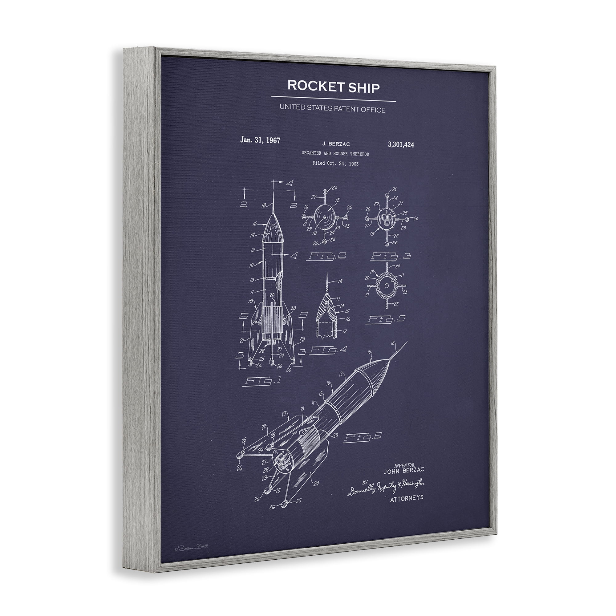 Stupell Industries Rocket Ship Blueprint Transportation Painting Gray Framed Art Print Wall Art, 24 x 30