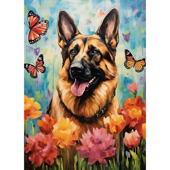German Shepherd Dog in Flowers 5D Diamond Art DIY Paint with Full Drill Round Diamond Gems Painting by Number Kits for Adults Art Craft Home Wall Decor 11.8x15.8in