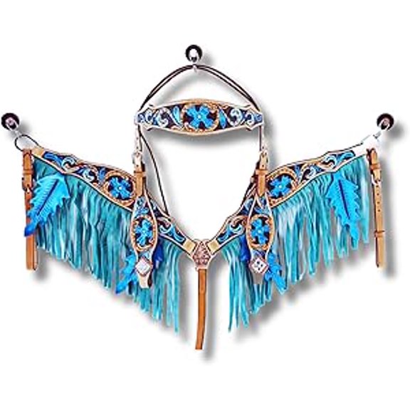 Western Premium Leather Equestrian Headstall, Breast Collar, Reins & Wither Straps - Hand-Carved Tooled Beaded Design (FULL)