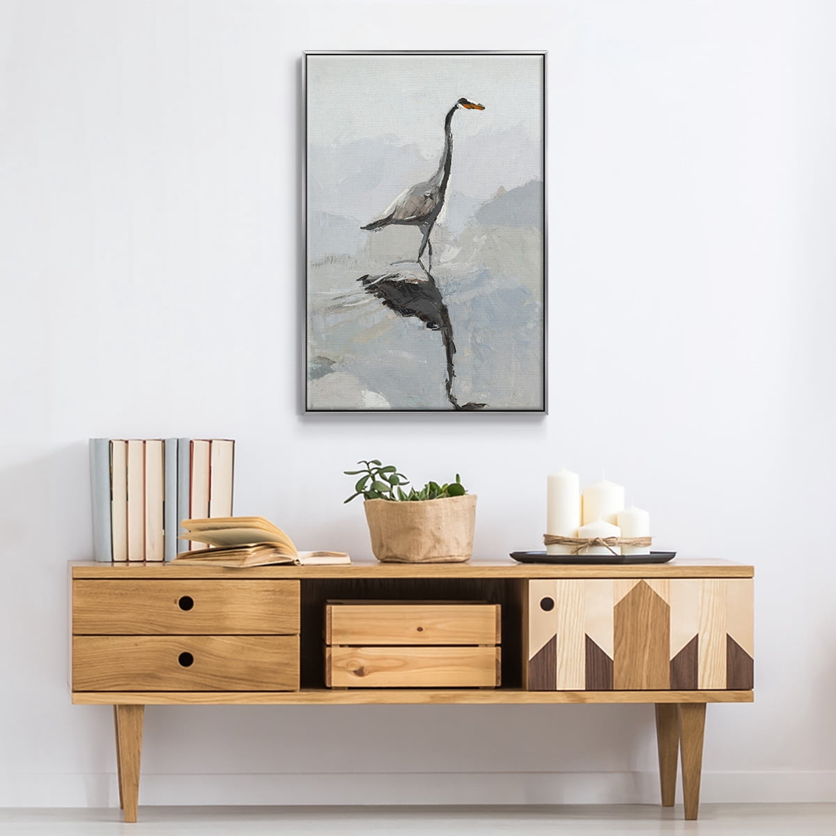 Heron Framed Premium Gallery Wrapped Canvas - Ready to Hang - 27 x 41 - Silver Floating Frame