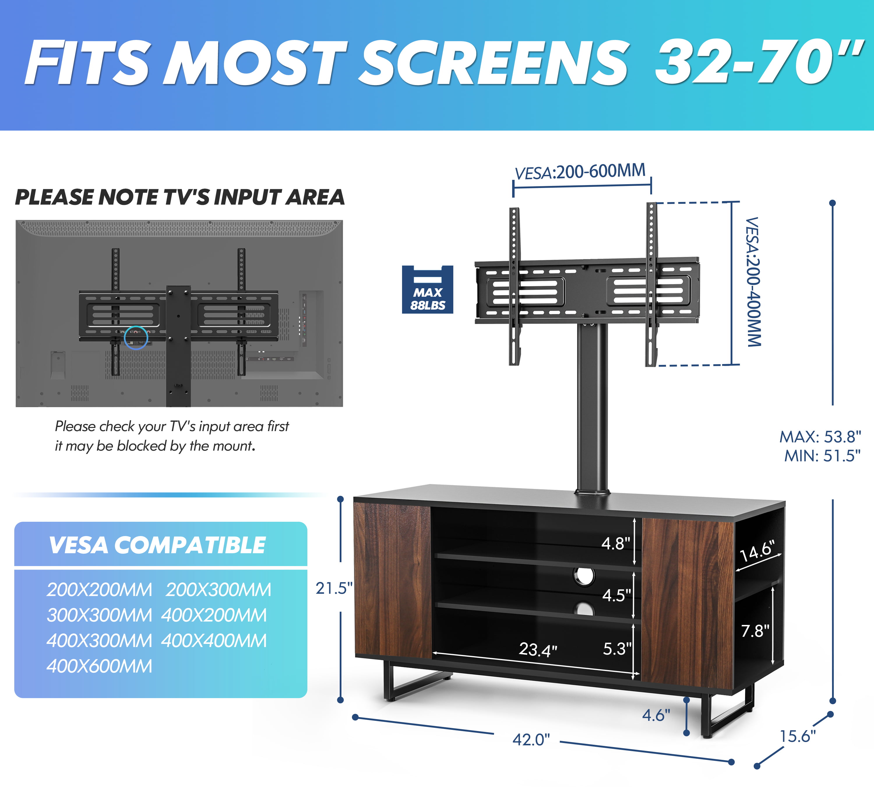 FITUEYES 3-Tiers Floor Metal to Flat Media Mount Console 70 for Screen Industrial 32 TV with TW310601MB Stand Wood Base Leg inches