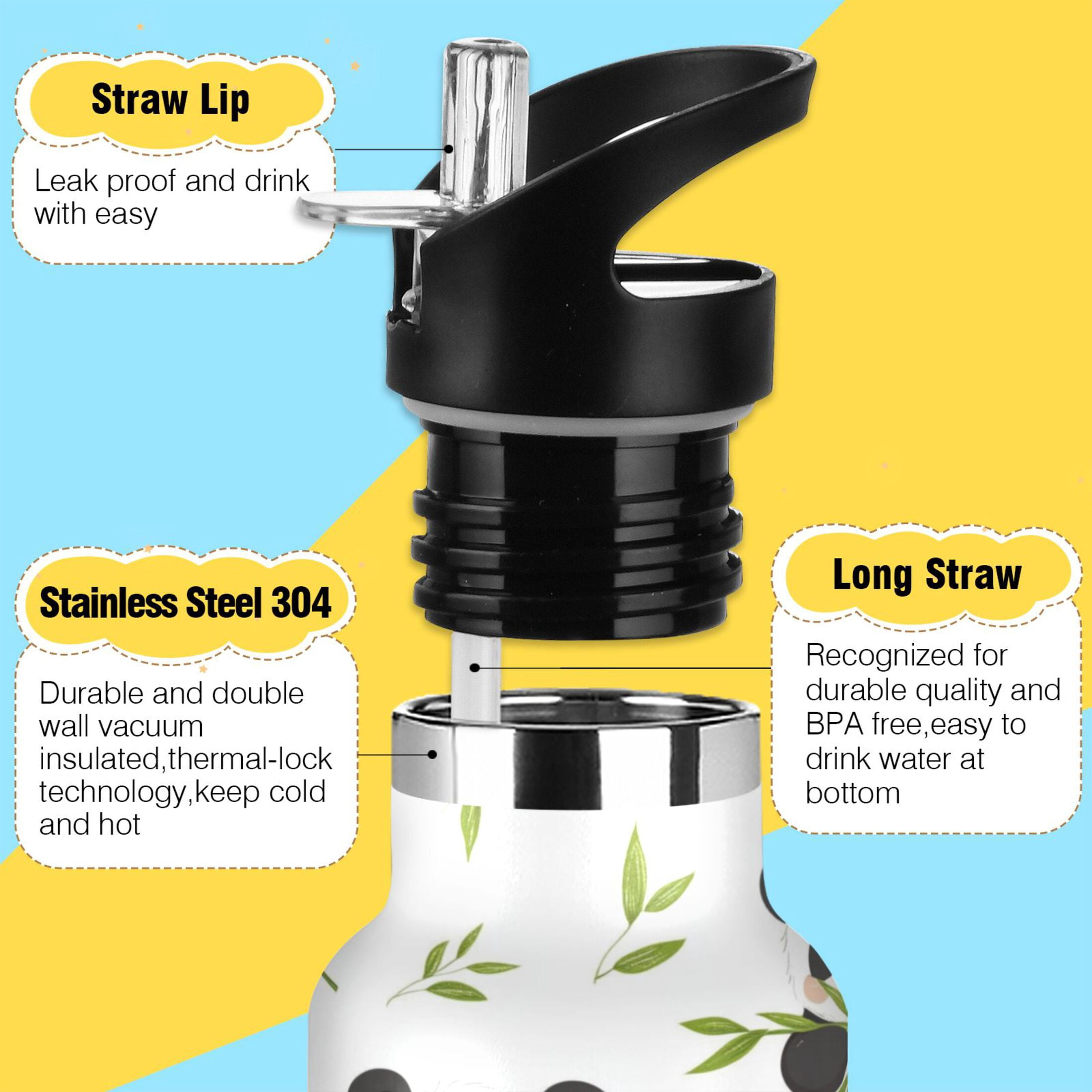 Kids Insulated Stainless Steel Sports Water Bottle 600ml (20oz), BPA-Free Panda Eating Bamboo