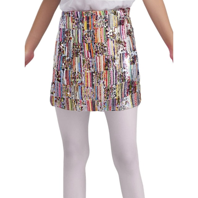 Moggemol Jupes Mini à Paillettes pour Filles, Jupe Moulante Extensible, Jupe-Short de Danse, Multicolore 140