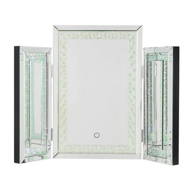 Benjara BM225872 Tri Fold Mirror Panel Frame Accent Decor with LED Light, Silver