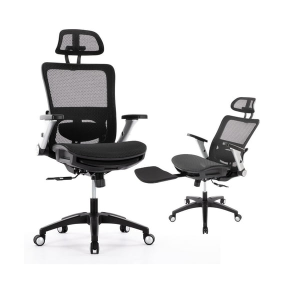 CHAUKY Ergonomic Mesh Office Chair with Footrest, High Back Computer Executive Desk Chair with Headrest and 4D Flip-up Armrests, Adjustable Tilt Lock and Lumbar Support-Black