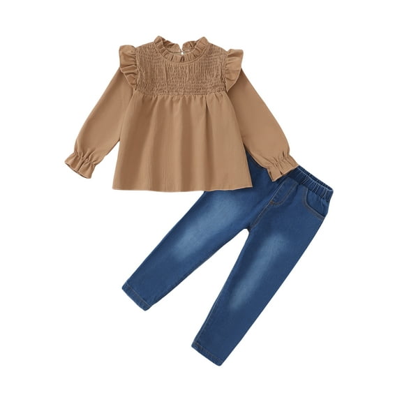 KIMI BEAR 3T Toddler Girls Winter Outfits 4T Toddler Girls Pant Sets Ruffle Long Sleeves Pullover Top Solid Color T-shirt Top Denim Pants Jeans 2pcs Clothing Sets Khaki