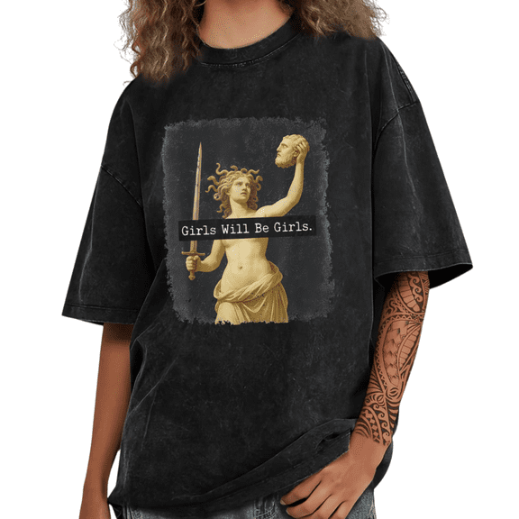 Women Girls Will Be Girls Medusa Statue Graphic Timeless Versatile Tees T Shirt Tops Short Sleeve Black S-2XL Plus Size