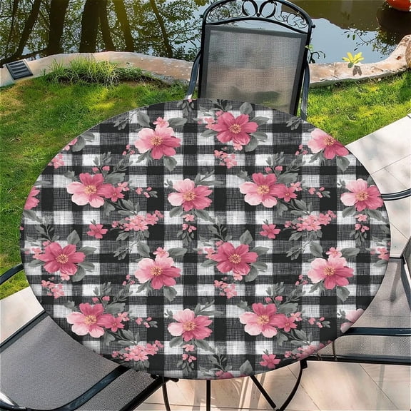 Round Fitted Tablecloth with Elastic Edge Design Table Cover Waterproof Stain-Resistant Wipeable Table Cloth Best for 38"-42" Round Tables for Outdoor Indoor Black and White Checkered Pattern