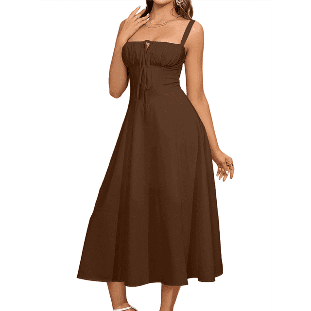 Robe Corset Midi Fluide Fendue à Lacets Robes pour Femmes Thé en Ligne Décontractée Robe d'Été Marron TG