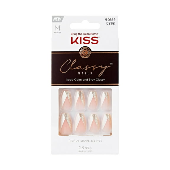 KISS Classy Press-On Nails, 'The BOSS', Glittery French, Medium Coffin, 31 Ct.