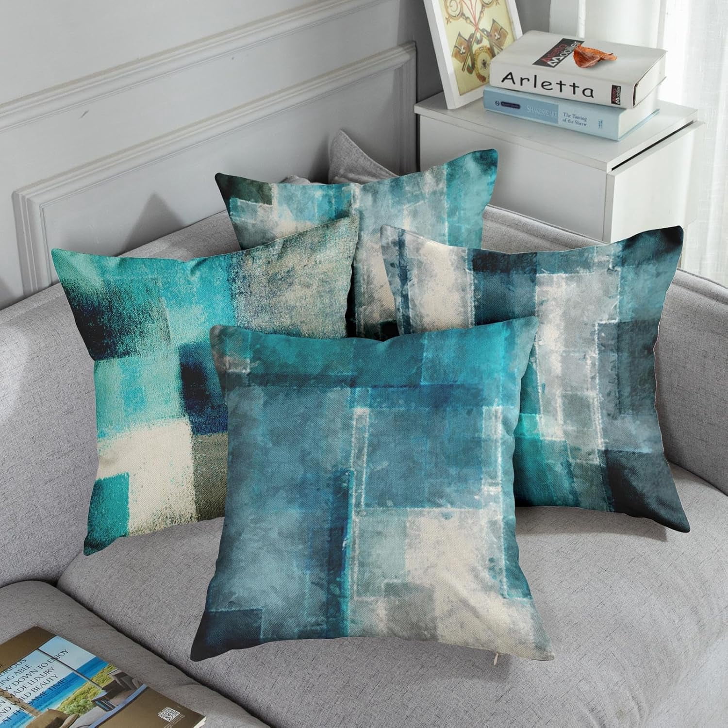 Turquoise and Grey Artwork Throw Pillow Covers Set of 4 20x20 Inch Contemporary Decorative Gray Cushion Cases for Sofa Bedroom Car Decor Add a Splash of Color