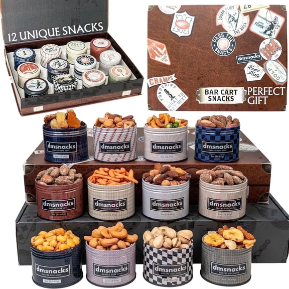 DM Snacks Nuts Gift Assortment Snack Box Assorted Variety Pack Baked Shelf-Stable in Tins 12 Count 24 Oz Total