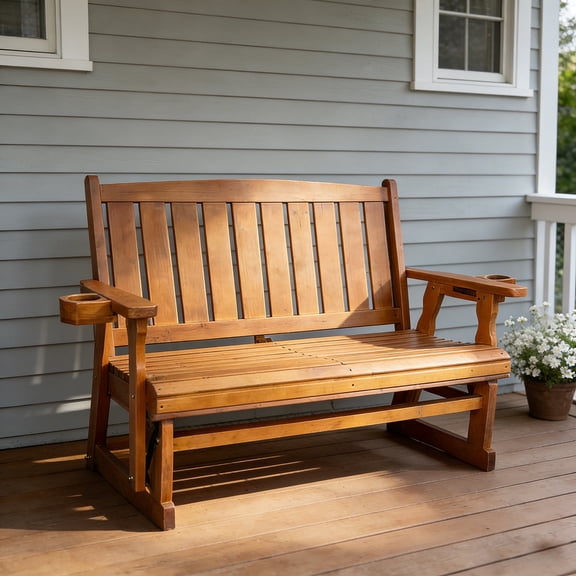 Innovaze Wooden Patio Glider, with Cup Holders, High Back and Deep Contoured Seat, Solid Fir Wood, Heavy Duty 800 LBS,for Outdoor Porch (Teak Tone, 2-Seater)