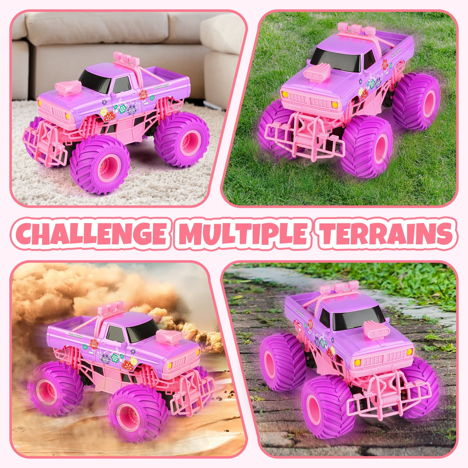 Beefunni Pink RC Car for Girls, 4WD Off-Road Remote Control Truck with 2.4GHz, Rechargeable Batteries, All-Terrain RC Toy for Kids Ages 6-12, Birthday Gift for Girls