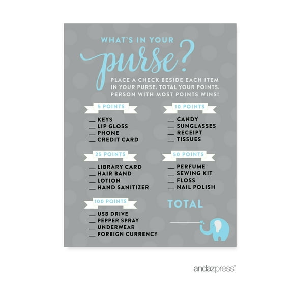 Andaz Press Gray What's In Your Purse? Baby Shower Game, 20 Pack