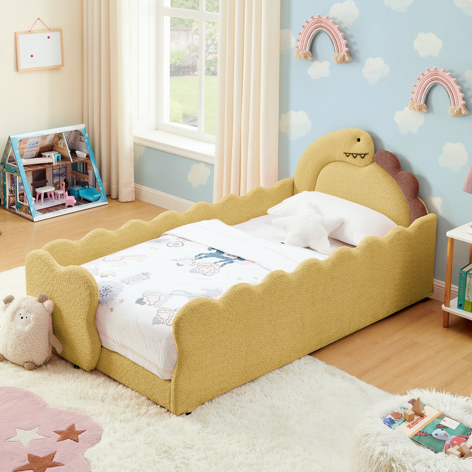 Anpport Twin Size Dinosaur Kids Bed Frame, Boucle Fabric Upholstered Platform Bed with Full Safety Guardrails, Cute Dino Shaped Toddler Bed for Boys Girls Bedroom, Yellow