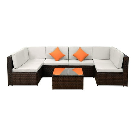 Rattan Garden Cube Set 7pcs Patio Furniture Sets All Weather Indoor Outdoor Conversation Set Rattan Wicker Sofa with Cushion and Cofe Table Garden Yard Poolside Balcony Furniture ()