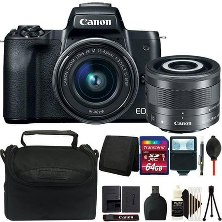 Canon EOS M50 Mirrorless 24.1MP Digital Camera Black with 15-45mm STM Lens, 28mm Macro Lens and 64GB Accessory