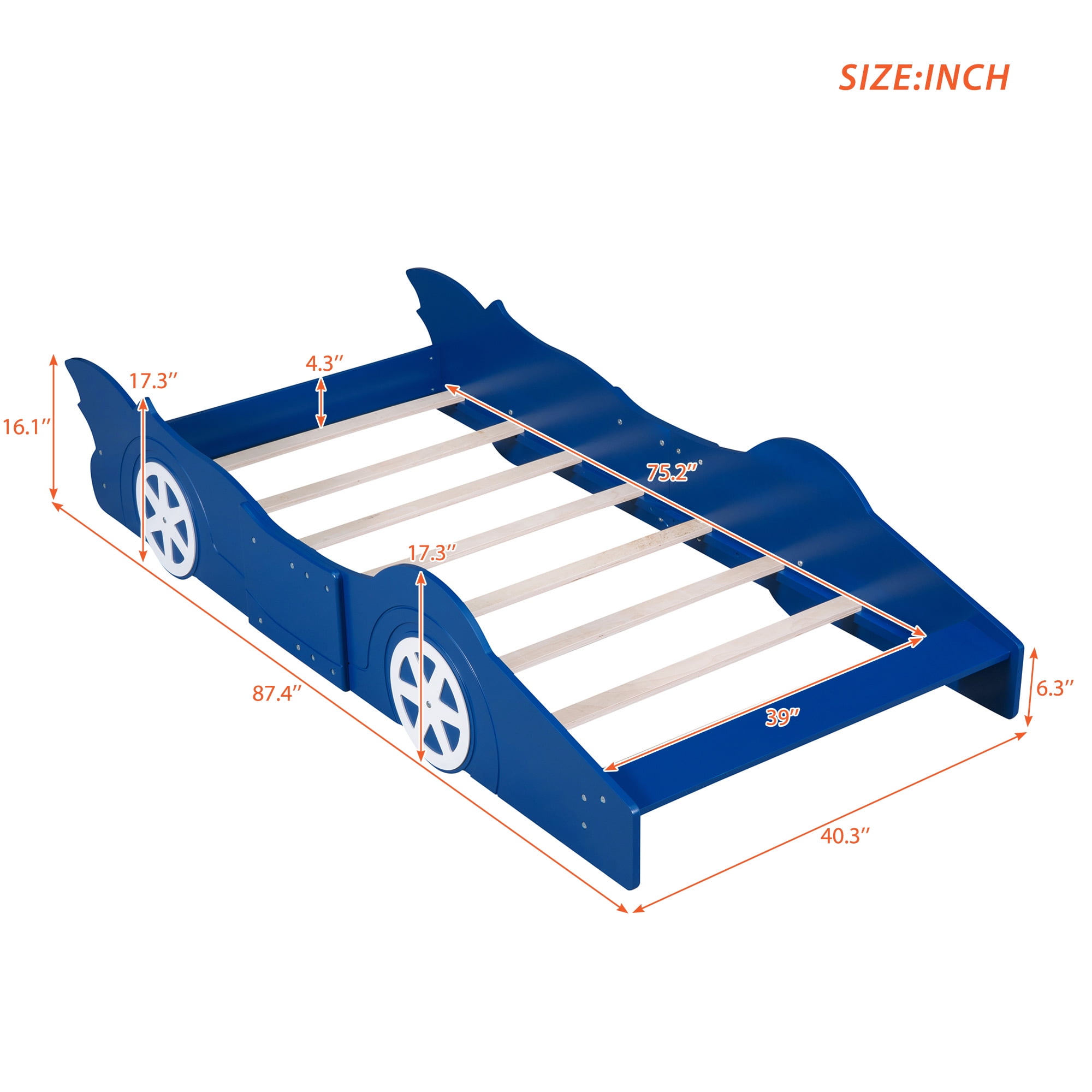 Solid Wood Race Car-Shaped Platform Bed with Wooden Slats, Bed with Wheels, Platform Bed with Headboard and Footboard, No Box Spring Needed (Blue,Twin)