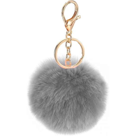 Pom Pom Keychain, Faux Rabbit Fur Puff Ball Pom Pom Bag Charms Pompoms Key Chain for Women Purse  Gray