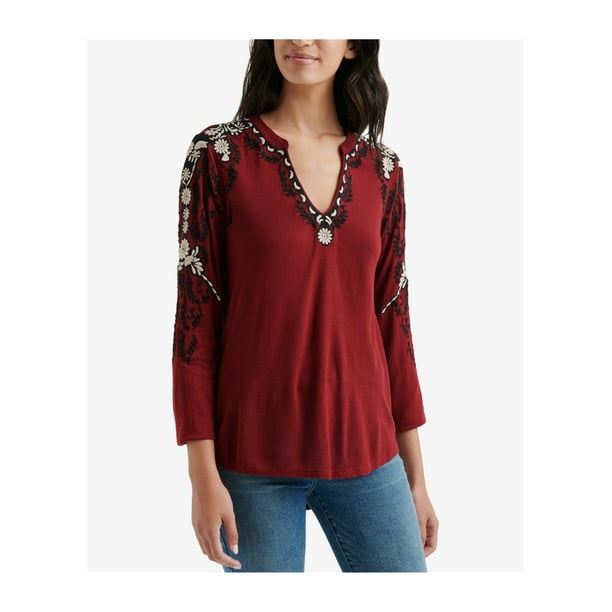 Lucky Brand Womens Embroidered Sleeve Peasant Blouse burgundy M