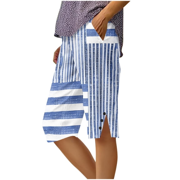 Cmfcve Women's Capri Knee Length Printed Dressy Casual Elastic Waist Linen Summer Pants with Pockets