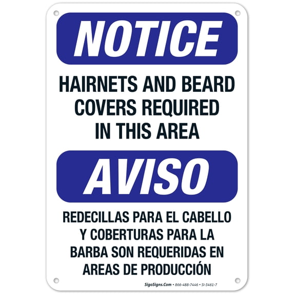 Bilingual Hairnets And Beard Covers Required In This Area Sign, OSHA Sign, 10x7 Aluminum