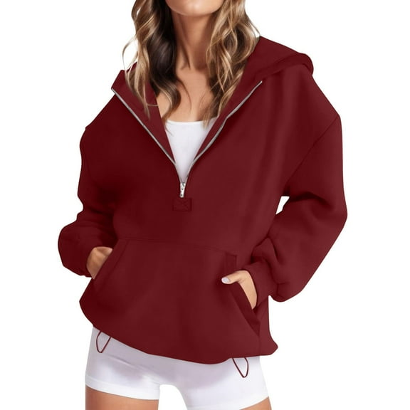 Womens Long Sleeve Zipper Slit Oversized Sweatshirt 2025 Casual Pullover Zipper Hoodies Fall Clothes 17-Wine XXL