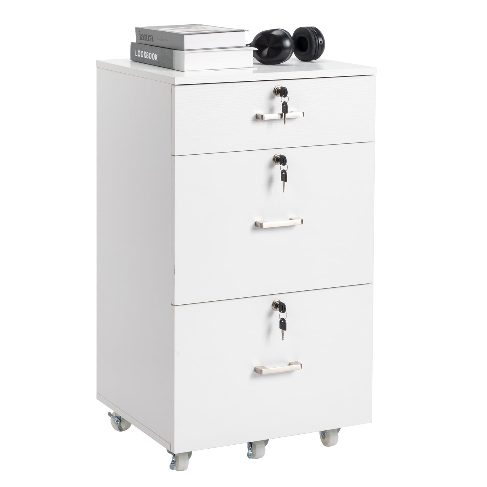 Ktaxon 3 Drawers File Cabinet Legal&Letter Size, with Pencil Drawers Mobile File Cabinet with Rollers, White