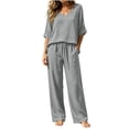 thumbnail image 5 of Zynoxe Linen Sets for Women Two Piece Summer Ruched V-neck Top Wide Leg Pants with Pockets Fashion Lounge Vacation Beach OutfitsGray2XL, 5 of 7