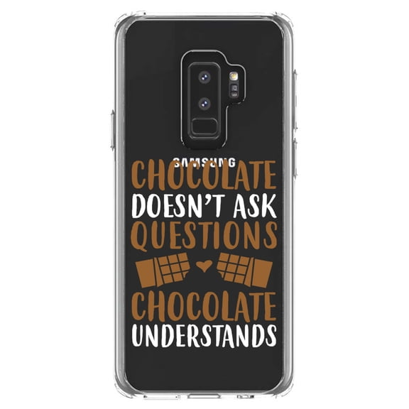 DistinctInk Clear Shockproof Hybrid Case for Samsung Galaxy S9  PLUS (6.2" Screen) - TPU Bumper Acrylic Back Tempered Glass Screen Protector - Chocolate Doesn't Ask Questions Understands