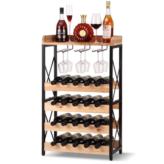 KATHY&BOB 20-Bottle Solid Wood Wine Rack, Modern Freestanding Wine Cabinet, 5-Tier Wine Storage Shelf with Wobble-Free Countertop & Wine Glass Holder