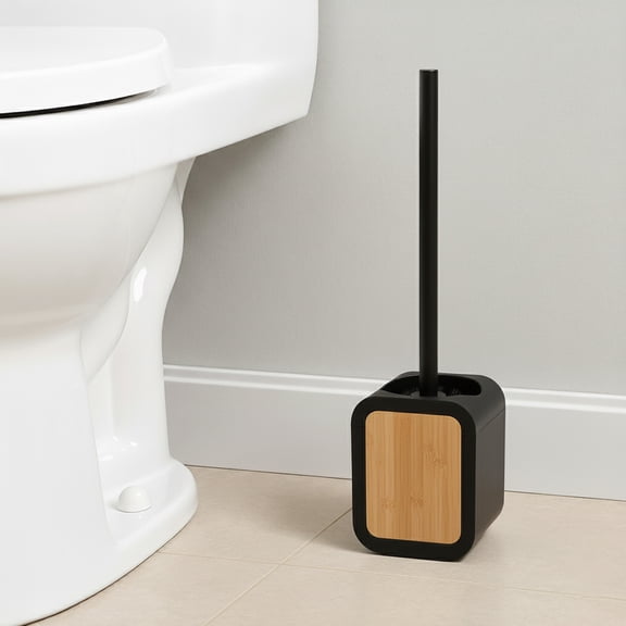 Toilet Brush and Holder Black Rubber and Bamboo
