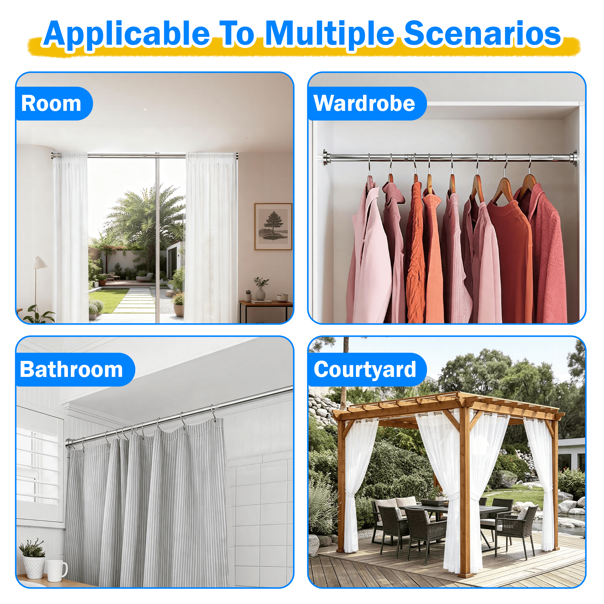 Adjustable Tension Curtain Rod, 25.8-76 Inch No Drill Stainless Steel Spring Tension Rod, Non Slip Shower Curtain Rod for Window Closet Bathroom