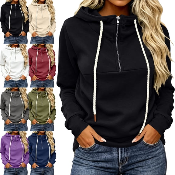 SYwaren Hoodie with Pockets for Women Full Zip Long Sleeve Sweatshirt Solid Color Tops