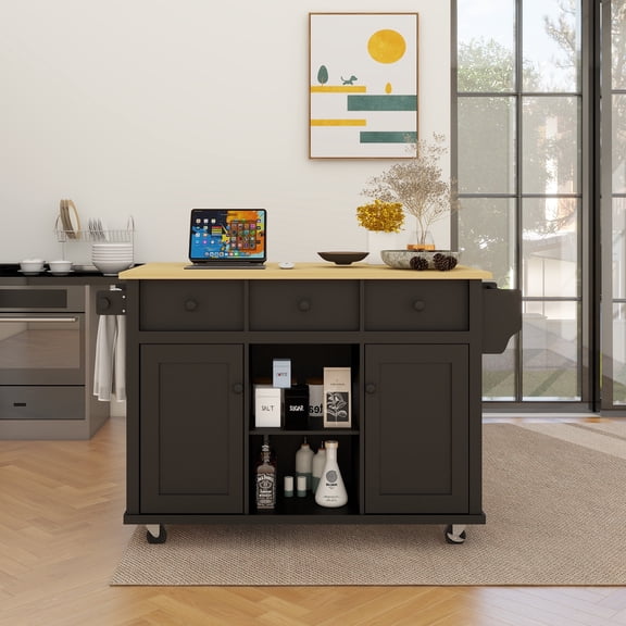 Kitchen Cart with Rubber wood Drop-Leaf Countertop ,Cabinet door internal storage racks,Kitchen Island on 5 Wheels with Storage Cabinet and 3 Drawers for Dinning Room, Black