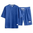 thumbnail image 2 of Homeyce Men's Summer Beach Outfits 2 Piece Sets Short Sleeve Crew Neck Casual Shirts and Waffle Knit Shorts Set with Pockets Athletic Jogging Fashion Sets,Blue 3XL, 2 of 3